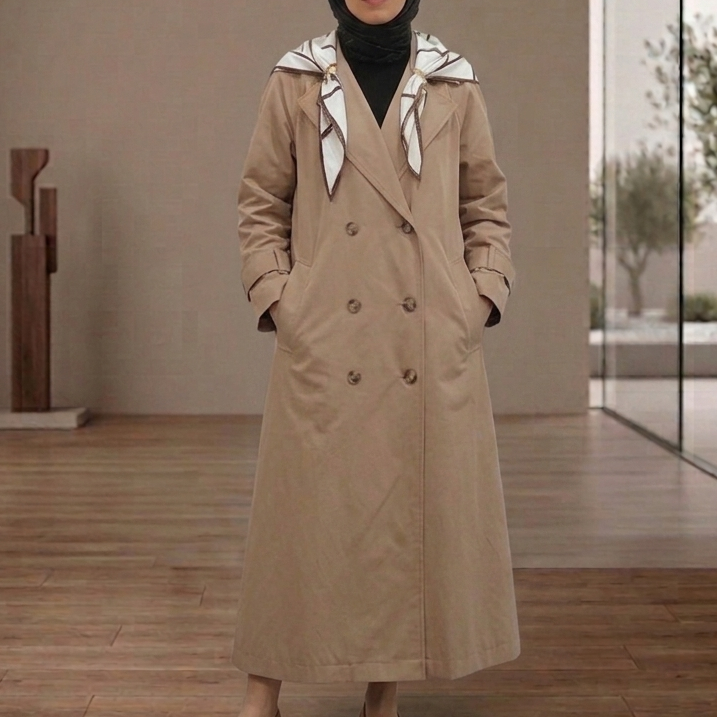 Camel Renk Oversize Çift Düğmeli Mevsimlik Trençkot
