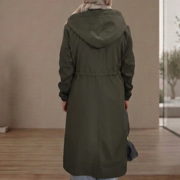Kapüşonlu Beli Büzgülü Mevsimlik Trençkot -  Haki