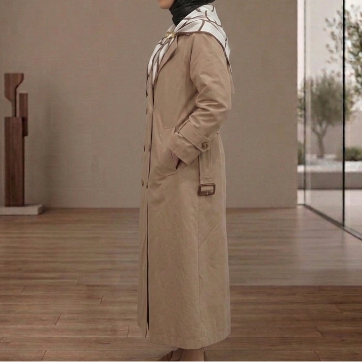 Camel Renk Oversize Çift Düğmeli Mevsimlik Trençkot