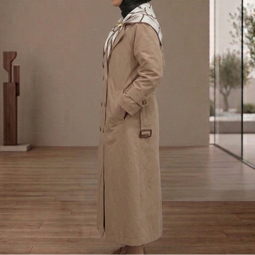 Camel Renk Oversize Çift Düğmeli Mevsimlik Trençkot