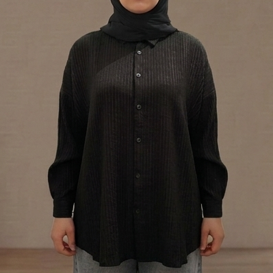Bürümcük Dokulu Oversize Gömlek - Siyah